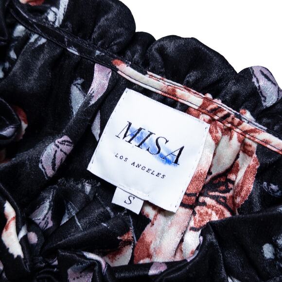 Misa Cecil Ruffle Flutter Sleeve Smocked Tiered Floral Dress Black Rose Small - Picture 9 of 15